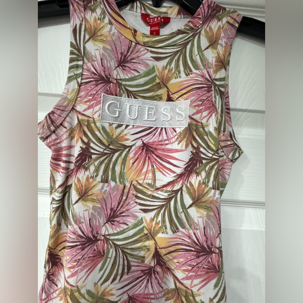 GUESS Palm Leaf Tank Top - Pink, Green, Yellow